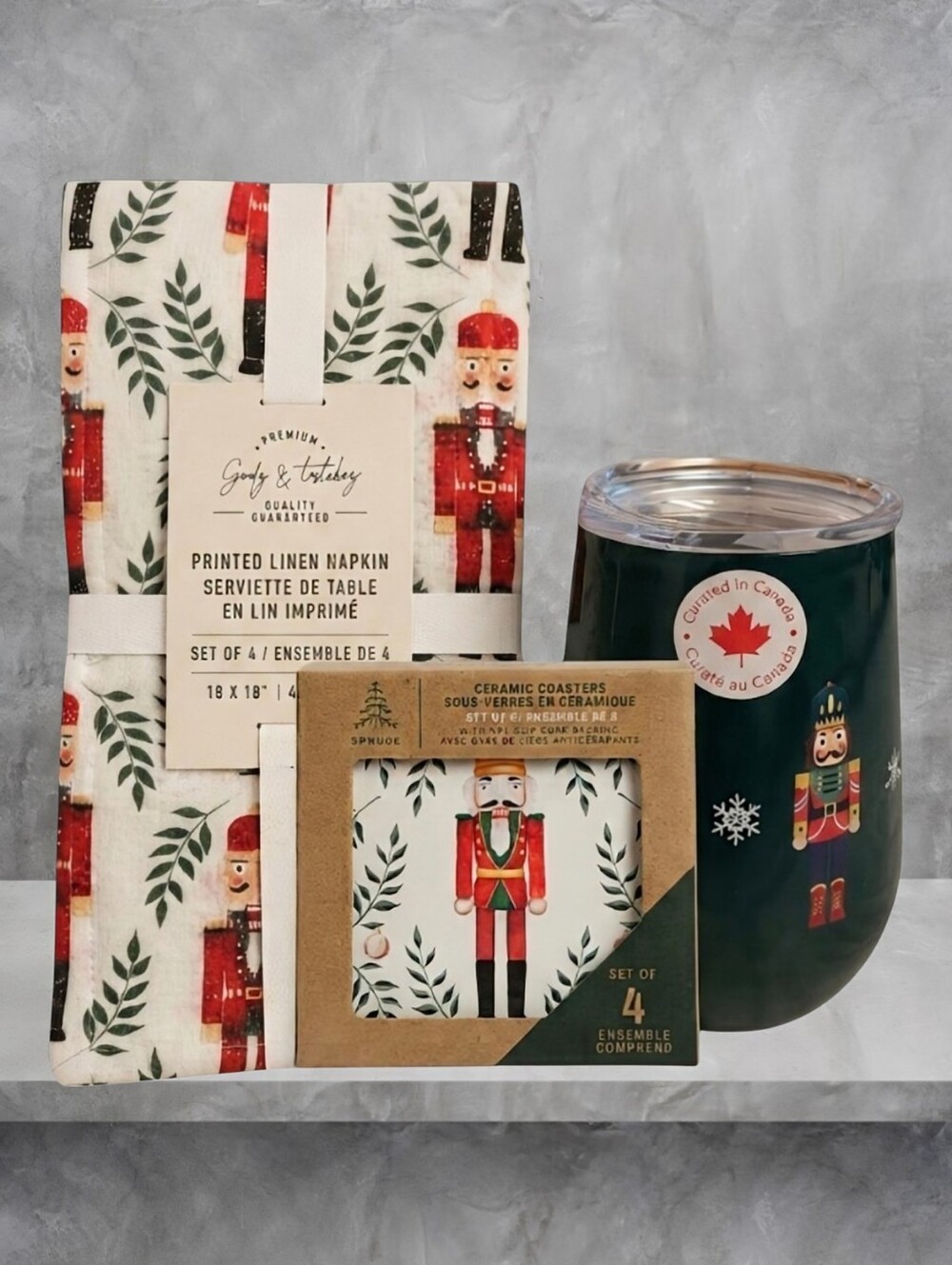 NEW Nutcracker Theme Linen Napkins, Coasters and Stainless Steel  Tumbler Set